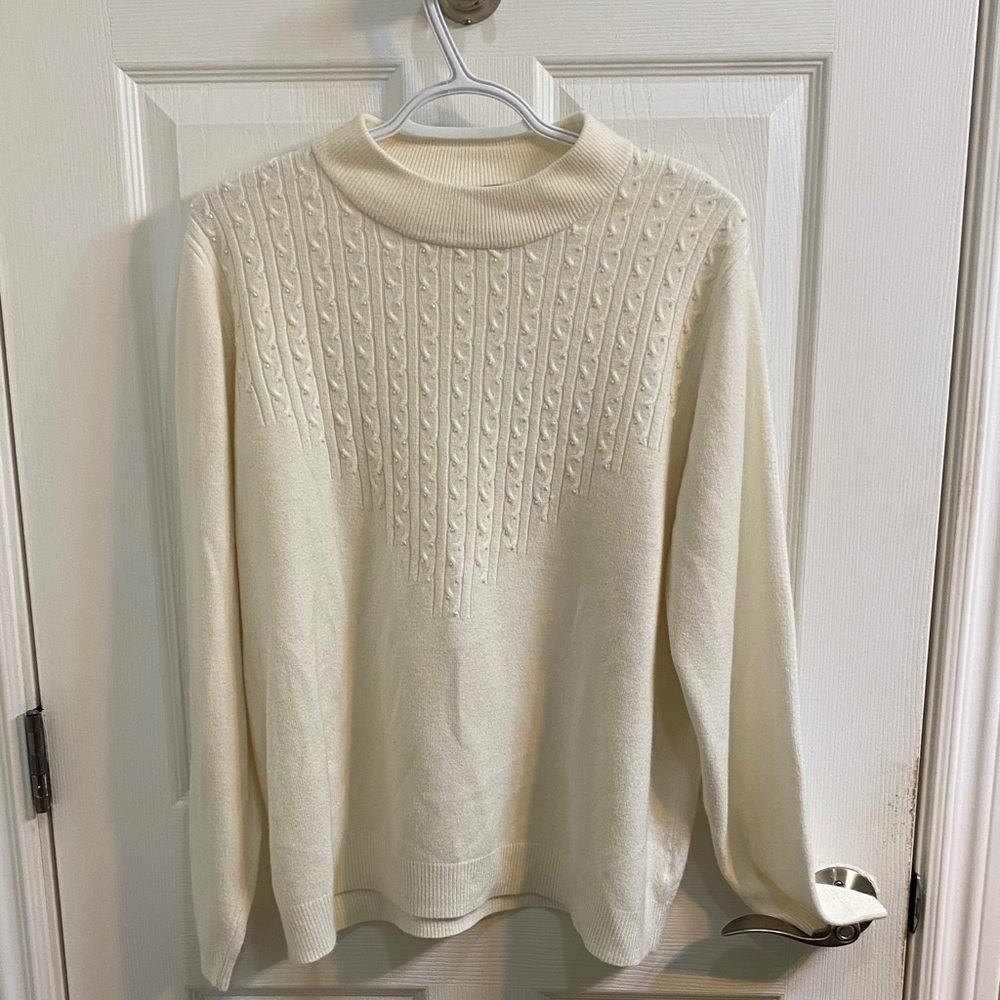 Vintage Tradition Beaded Cable Knit Cream Mock Turtleneck Sweater Women’s XL